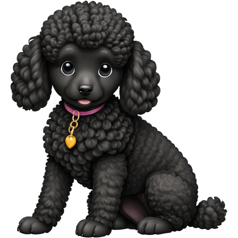 cinematic-[poodle]-realistic-full-body-sitting-emoji,-tail-resting-loosely-beside-its-paws,-head-tilted-dramatically, -curly-[black]-fur,-simplified-yet-realistic-focused-features,-highly-detailed,-glowing-with-an-almost-sarcastic-glow emoji