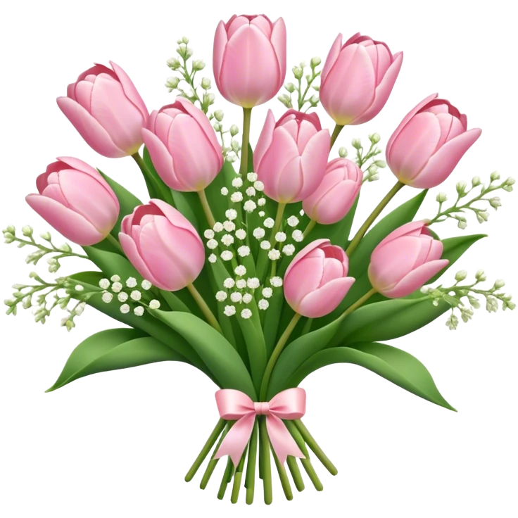 bouquet of light, pink tulips and babies breath ￼ emoji