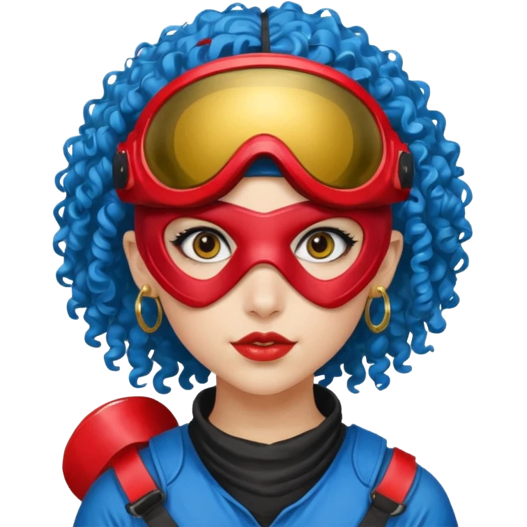 blue curly haired paintball playergirl with huge earrings, wearing red paintball eye mask helmet emoji