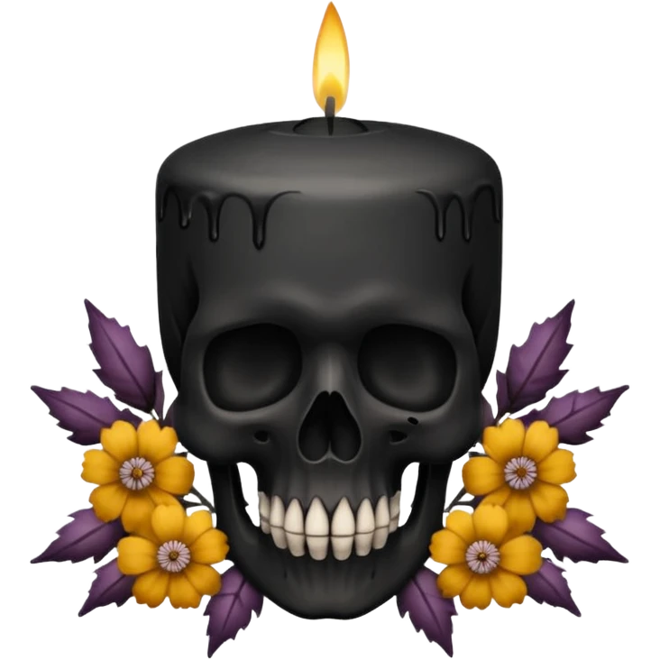 Large black candle on a skull covered in dried flowers emoji