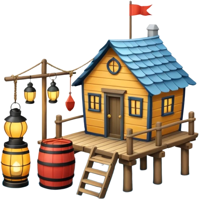 
fisherman house on a wooden pier, small dock, fishing nets hanging, barrels, lantern, ocean vibe, 3D cartoon, cute mobile game icon, clean background, no text
 emoji