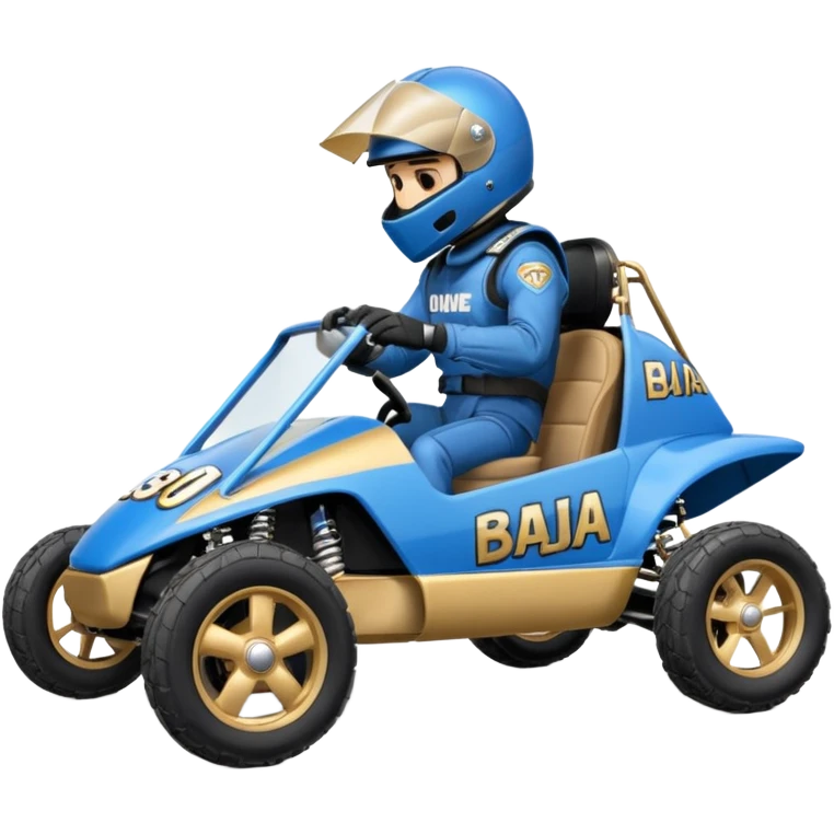 A small blue and gold dune buggy featuring a driver in a motorcycle helmet, with the word "BAJA" displayed on the side panel. emoji