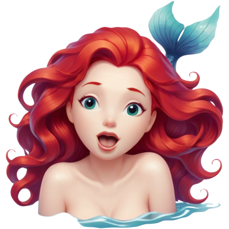 Cinematic Realistic Red Hair Mermaid Portrait, head tilted slightly with a dramatic, wide-open yawn, revealing a tender, relaxed visage with delicately detailed porcelain skin and vibrant, cascading red hair softly billowing around her. Her dreamy eyes exude a serene, aquatic charm, rendered with gentle underwater lighting and high shine—capturing the essence of a drowsy yet mesmerizing mermaid drifting into a tranquil slumber beneath the sea. emoji