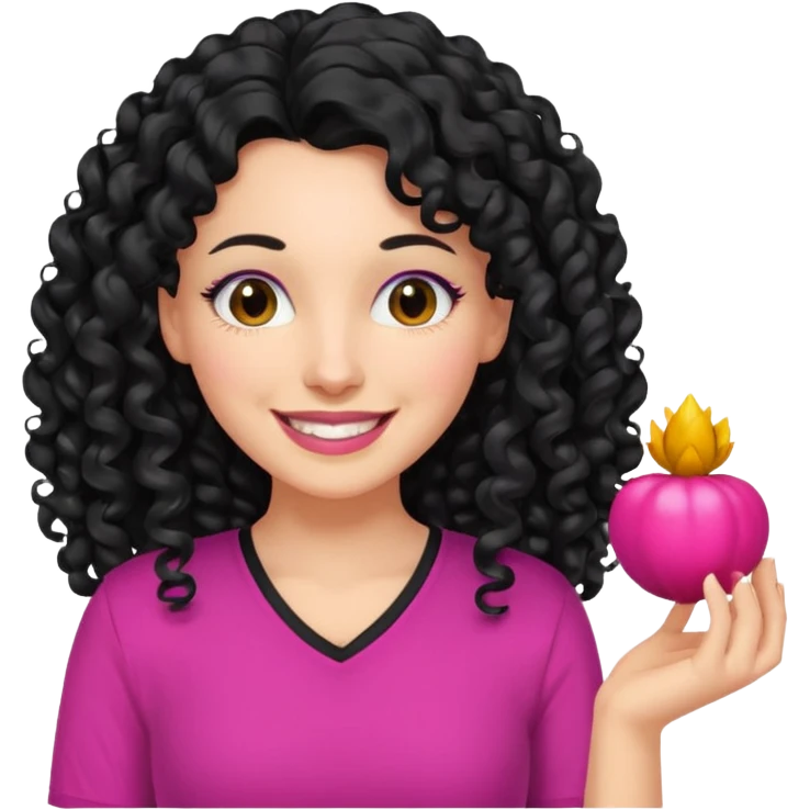 mujer blanca con cabello largo rizado negro sonriendo y con camisa fucsia emoji