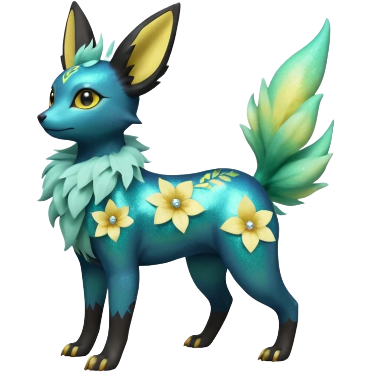 Multicolored sparkly light pale pastel whitish pretty cool elegant realistic flowery exotic Trico-Bolthund-Electrike-Luxray-Umbreon-Leafeon-hybrid, full body emoji