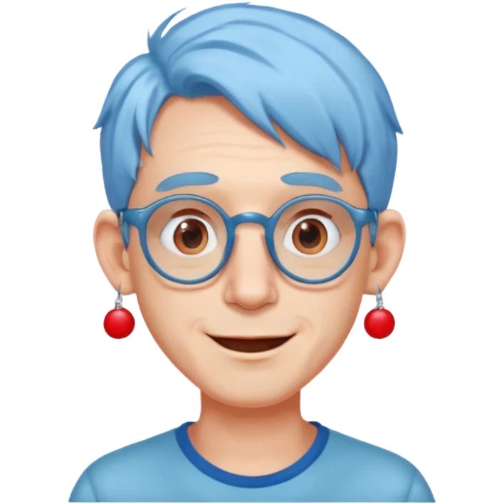 light blue haired man mid length hair with big ears and red earrings and spectacles happy emoji