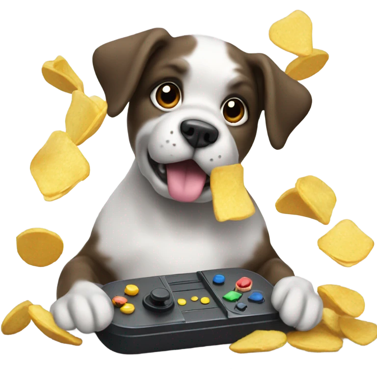 Dog playing with a gaming controller while eating chips emoji