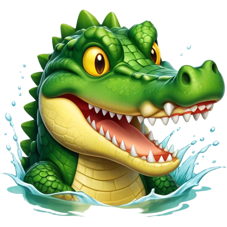 A crocodile with a happy face splashes in the water, showing off its big toothy grin emoji