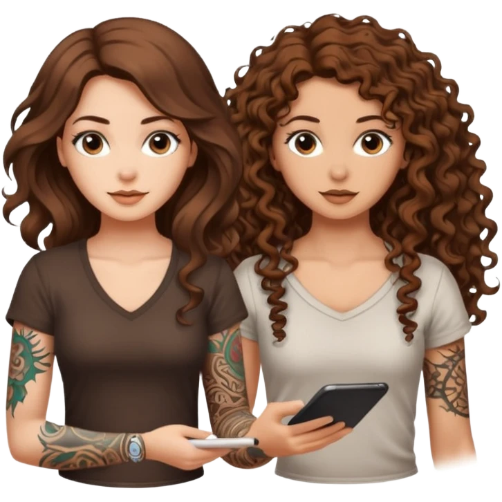 formula drawing — long wavy brown hair tattooed woman and short tight curly brown hair woman — rune sketch ground emoji
