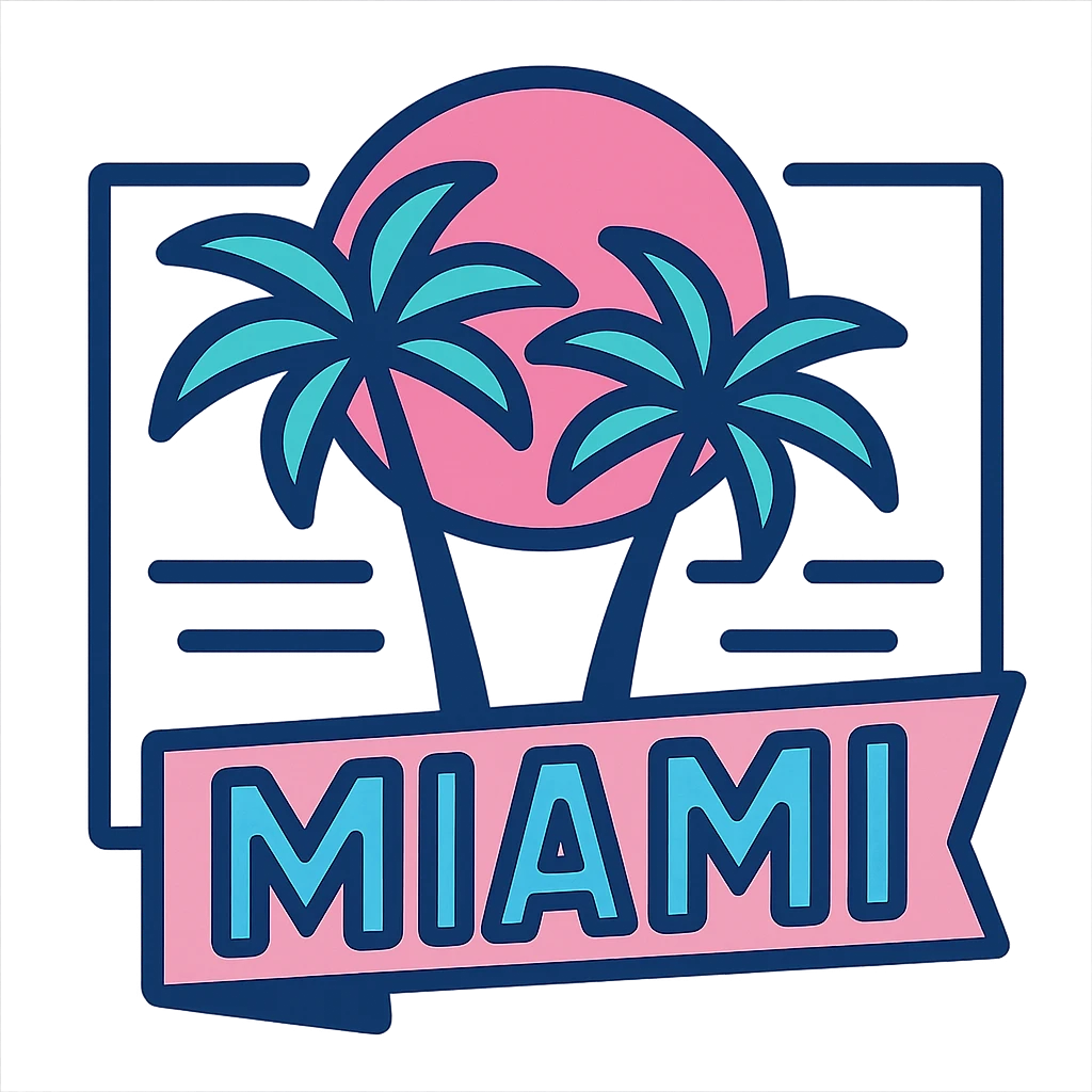 80s Miami neon sign, light pink and blue, palm trees, Vice City vibe, retro aesthetic emoji