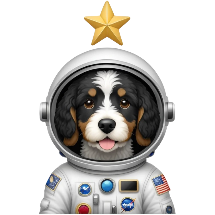 a black and white parti bernedoodle dog, with no brown fur) that is an astronaut giving a gold star emoji