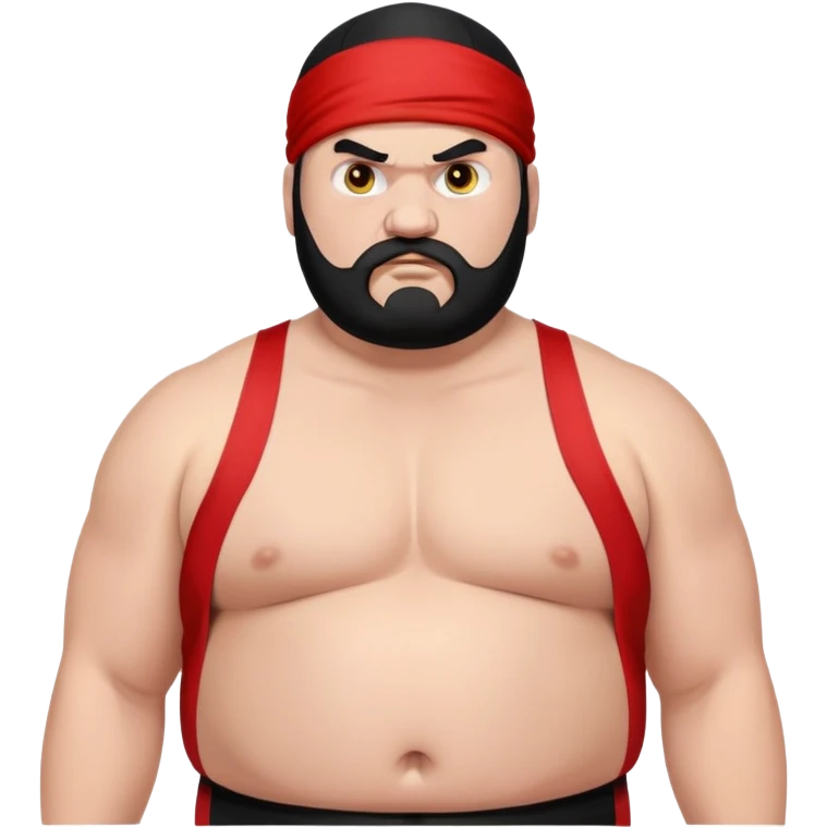 Close-up of morbidly obese white skin guy with young face, prominent BLACK DURAG tied clearly on head, distinct black beard and mustache, no muscle, black eyes in a red and black wrestling singlet with angry face emoji