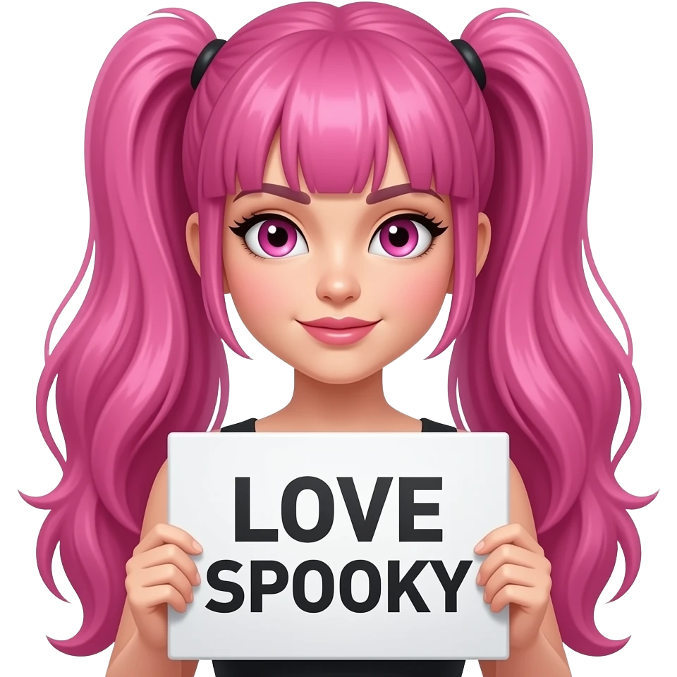 sexy girl with long pink hair and pink eyes wearing a holding a LOVE SPOOKY sign emoji
