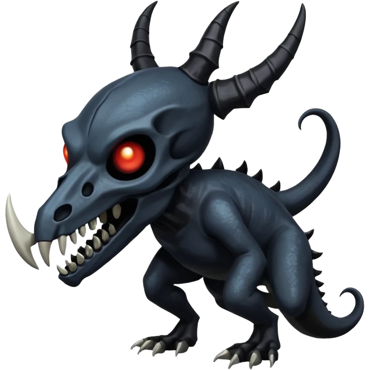Shiny Dark Edgy  Duskull-Salandit-Inteleon-Amaura-Fakémon-hybrid-creature (full body) with a horned animal-skull-mask emoji
