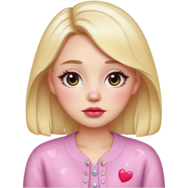 “Emoji girl, dewy skin, heavy blush across cheeks and nose bridge, glossy cherry lips, soft puppy eyeliner, teary sparkling eyes, pastel cardigan.” emoji