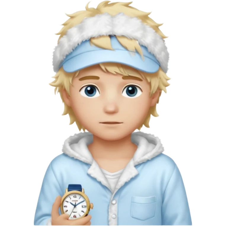 Create a look for a blond boy with long, tousled hair, light eyes, a white sweater, a wealthy appearance, blue eyes, and accessories like a Rolex or Cartier watch, and a cute face with messy hair down. blue eyes + + pajama white fluffy + cap fluffy + blush emoji