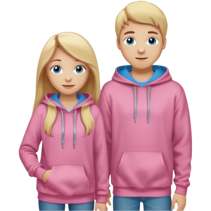 full-length happy couple, girl with long blonde hair and blue eyes in pink hoodie, boy with brown hair in gray hoodie emoji