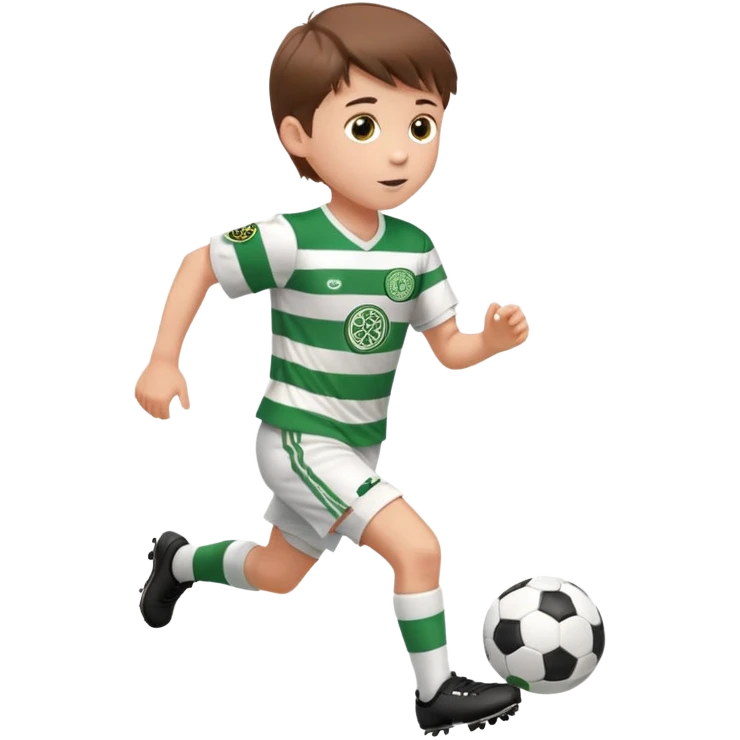 Celtic footballer jersey logo  6 years old brown hair white boy , brown eyes , stripes uniform , RUNNING  with soccer ball # 17 celtic football logo PUT ONLY ONE LOGO ONE CELTIC LOGO ONLY white shorts emoji
