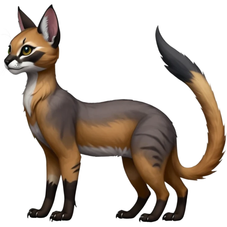 Colorful dark black gloomy spooky pointy foggy smoky points-marked glorious hyper-realistic exotic cute cool beautiful beautiful fantasy-caracal-civet-genet-sergal-vernid-Gryphon-Cacomistle-Trico-oncilla-animal-Fakémon-hybrid-fursona (full body) emoji