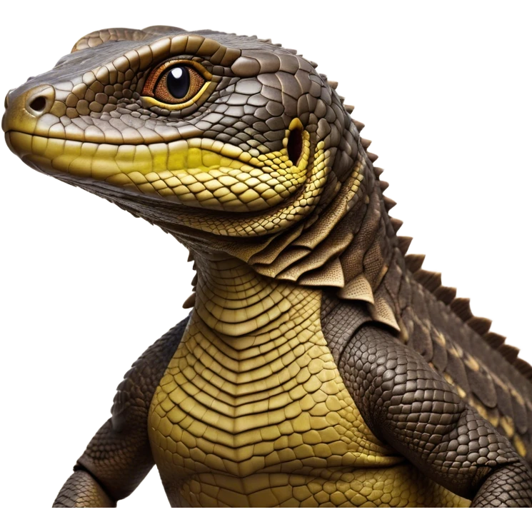 Cinematic Realistic Noble Monitor Lizard Portrait Emoji, Poised and imposing, with a robust, muscular build and a rugged, intricately scaled hide in natural olive and dark brown tones, a sharply defined head with intense, observant eyes, rendered with lifelike detail and authentic texture, high shine, intelligent and formidable, styled with an air of desert authority, focused and attentive, soft glowing outline, capturing the essence of a watchful and confident monitor lizard that appears ready to stride out of the screen with effortless power! emoji
