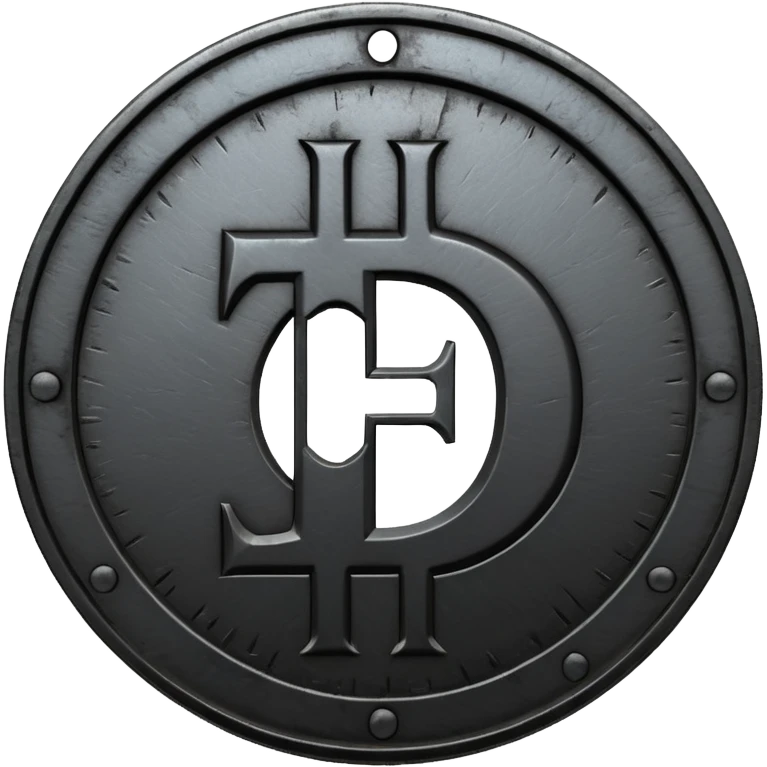 Minimal emoji, gothic metal coin made of black steel, engraved number f at the center, ancient industrial aesthetic, worn metal texture, no glow, no neon, flat emoji design, centered, transparent background emoji