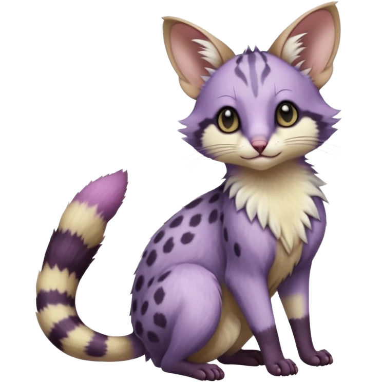 Purple, soft realistic romantic vintage antique divine beautiful elegant pretty precious cute young youthful  Fakémon-Pokémon-opossum-feline-mouse-serval-caracal-chinchilla-Minccino-Cinccino-Meowstic-rodent-hybrid-creature with a tufted tail (full body) emoji