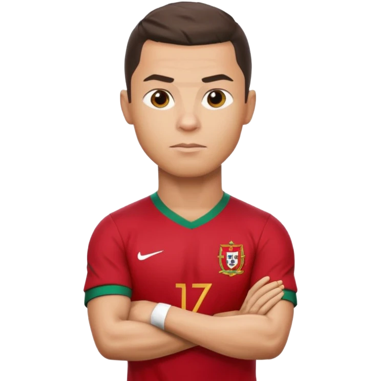 Cristiano Ronaldo as an apple-style emoji, serious face, arms crossed, Portugal jersey emoji