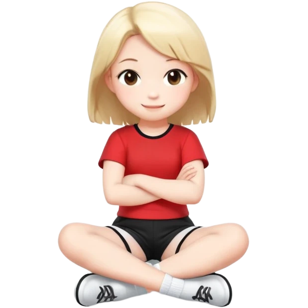 สร้างภาพตัวการ์ตูน "Cute 3D cartoon of a happy little girl with brown pigtails, sitting with her arms crossed, style manga/chibi"
"Adorable chibi girl with a smile face, sitting cross-legged, 3D render"
 wearing เสื้อสีแดง กางเกงขาสั้นสีดำ, ถุงเท้าสีขาว, รองเท้าสีขาว full body, illustration  emoji