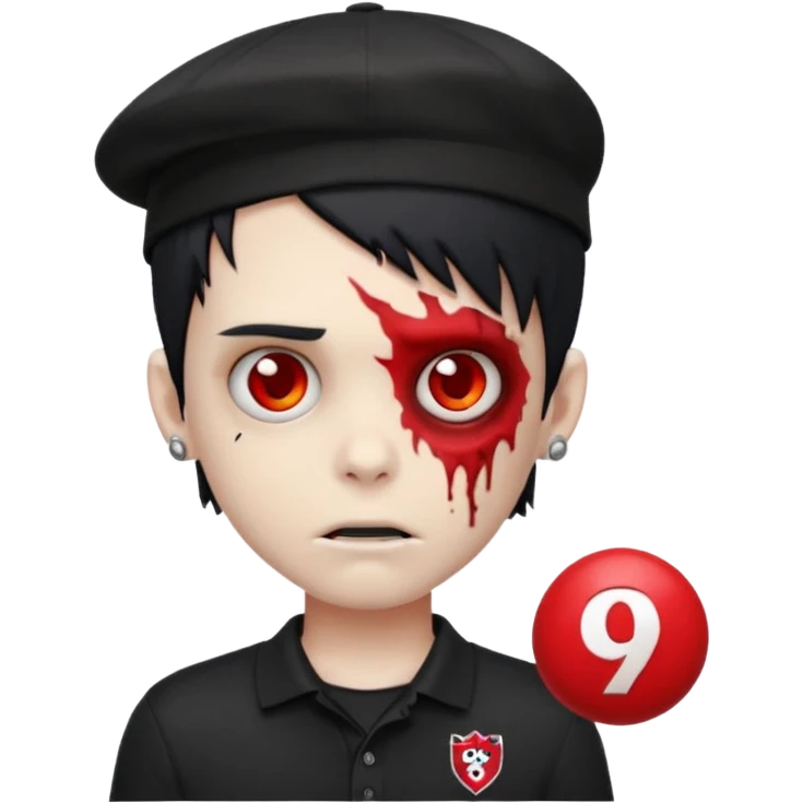 zombie boy emoji with black emo hair and piercing, black polo shirt with Lyon logo, red cap with number 9 emoji