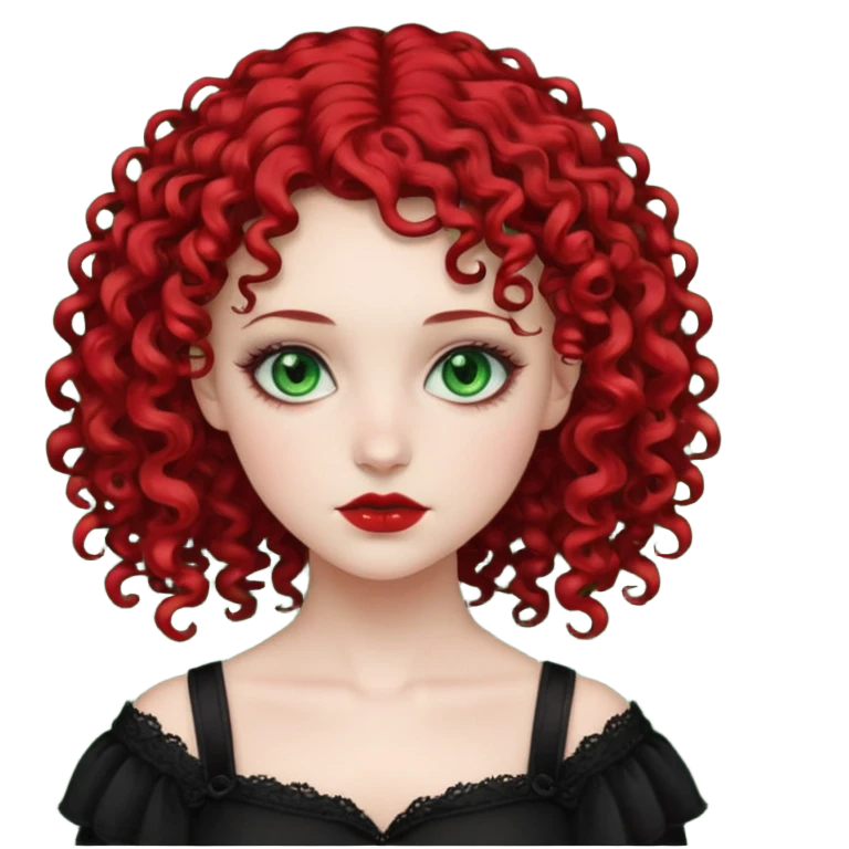 pale girl , From green eyes with curly hair to red shoulder, with the gothic and 2000s style emoji