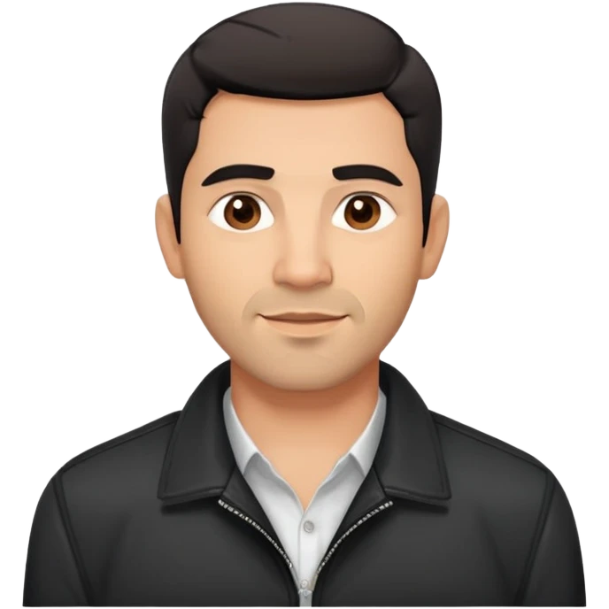 Slightly older attractive broad-shouldered Hispanic TV presenter, light brown complexion, square face with defined jawline, short black hair with clear fade haircut, light scruff facial hair, friendly expression, unbuttoned black jacket with white shirt emoji