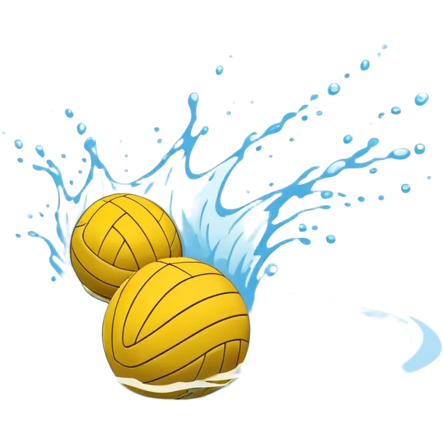 An icon featuring a yellow water polo ball floating on the water with goals in the background, inside a swimming pool. The design includes splashes and ripples, symbolizing the fast-paced action and strategy of water polo. Transparent background highlights. emoji