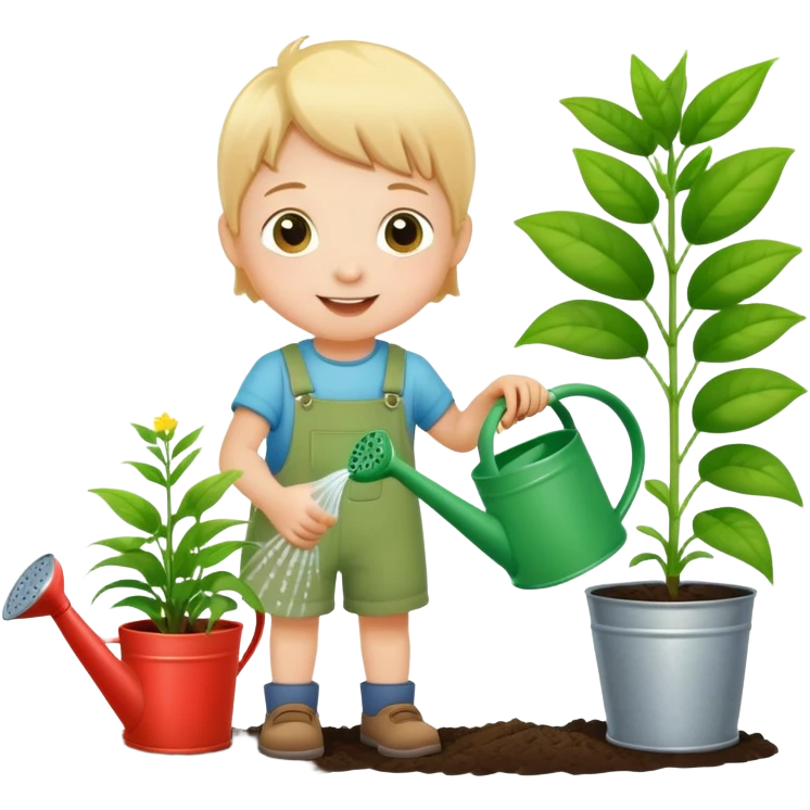child watering plants with a watering can, cheerful and green emoji