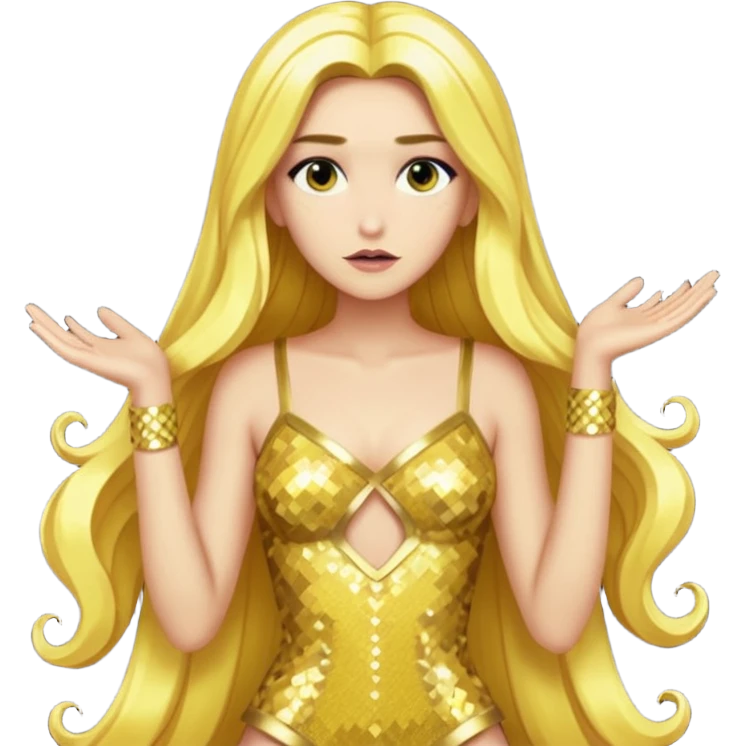 Hera from Lore Olympus with long gold hair, gold sequin outfit emoji