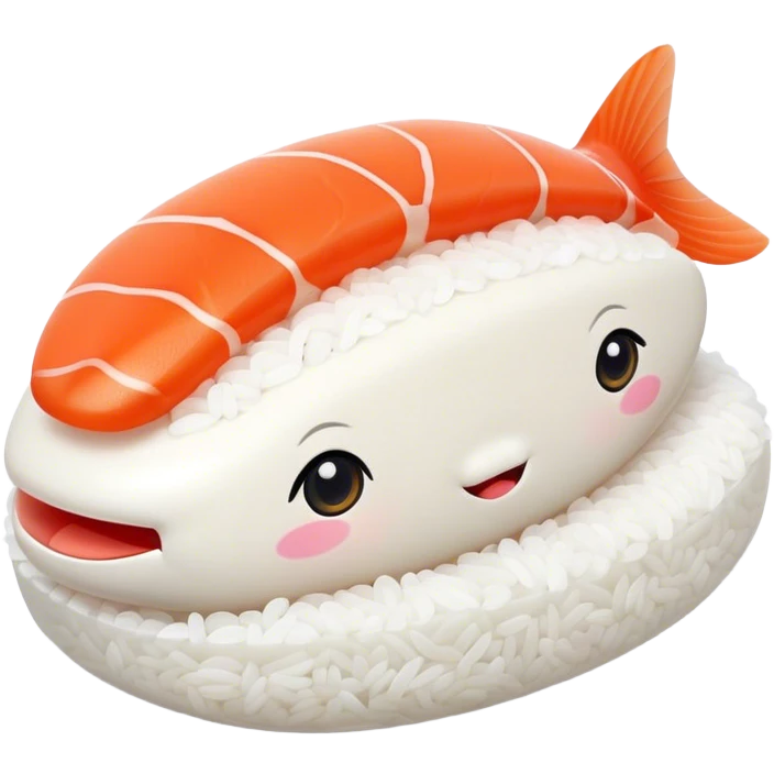 Cute Kawaii Nigiri Sushi, plump and happy, a soft white rice pillow topped with bright orange salmon, tiny blushing cheeks, big round eyes, a joyful floating expression! emoji