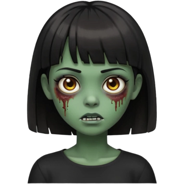 Zombie girl emoji verde escuro com cabelo curto liso preto no ombro e franja na altura da sobrancelha cobrindo completamente a testa, com uma blusa preta, olhos castanhos escuros emoji