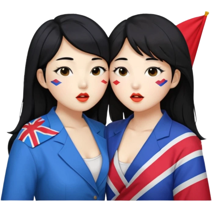Korean lesbians, kisses and Let them both have black hair, kiss each other, have a lesbian flag on their cheeks, be sweet, dress openly, have open waists  emoji