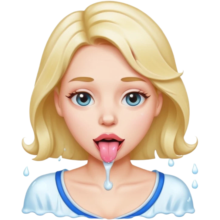 No bra, Bare skin woman, she has very massive breats and big nipples, her eyes rolled up, she opens her mouth to stick her tounge out with saliva. She has wet milk on her chest. emoji