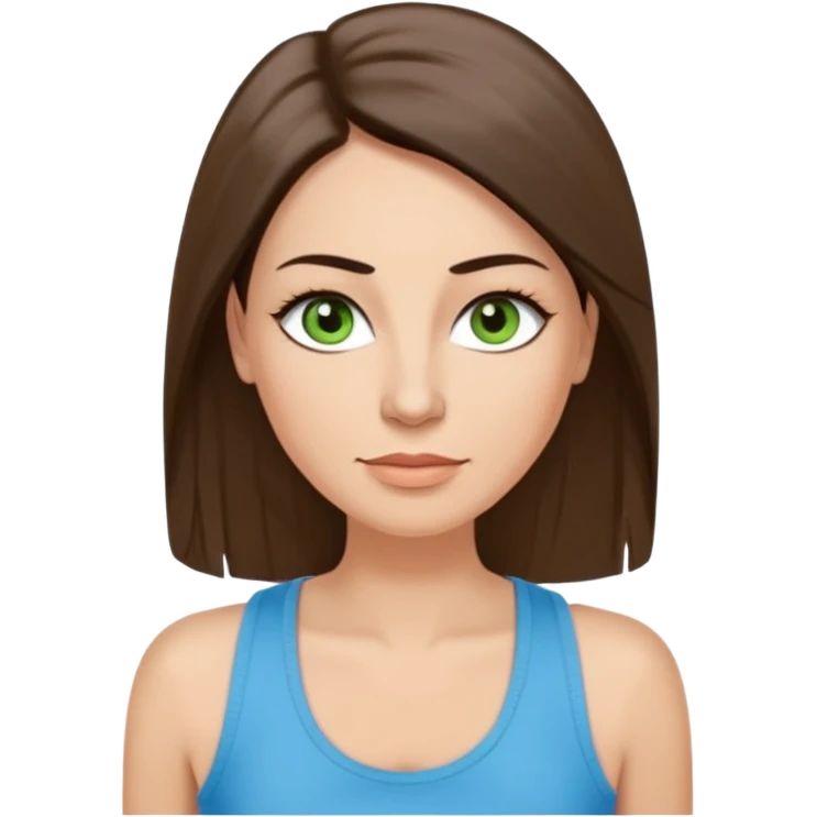 43 year old Adult woman avatar, light skin tone, long, oval face, long straight ashy brown hair, green almond-shaped eyes with dramatic eyelashes and minimal eyeliner, neutral mouth, medium straight eyebrows, small nose, smooth skin, sky blue tank top emoji
