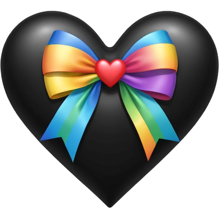 glossy black heart with a rainbow bow with heart pattern on the bow emoji