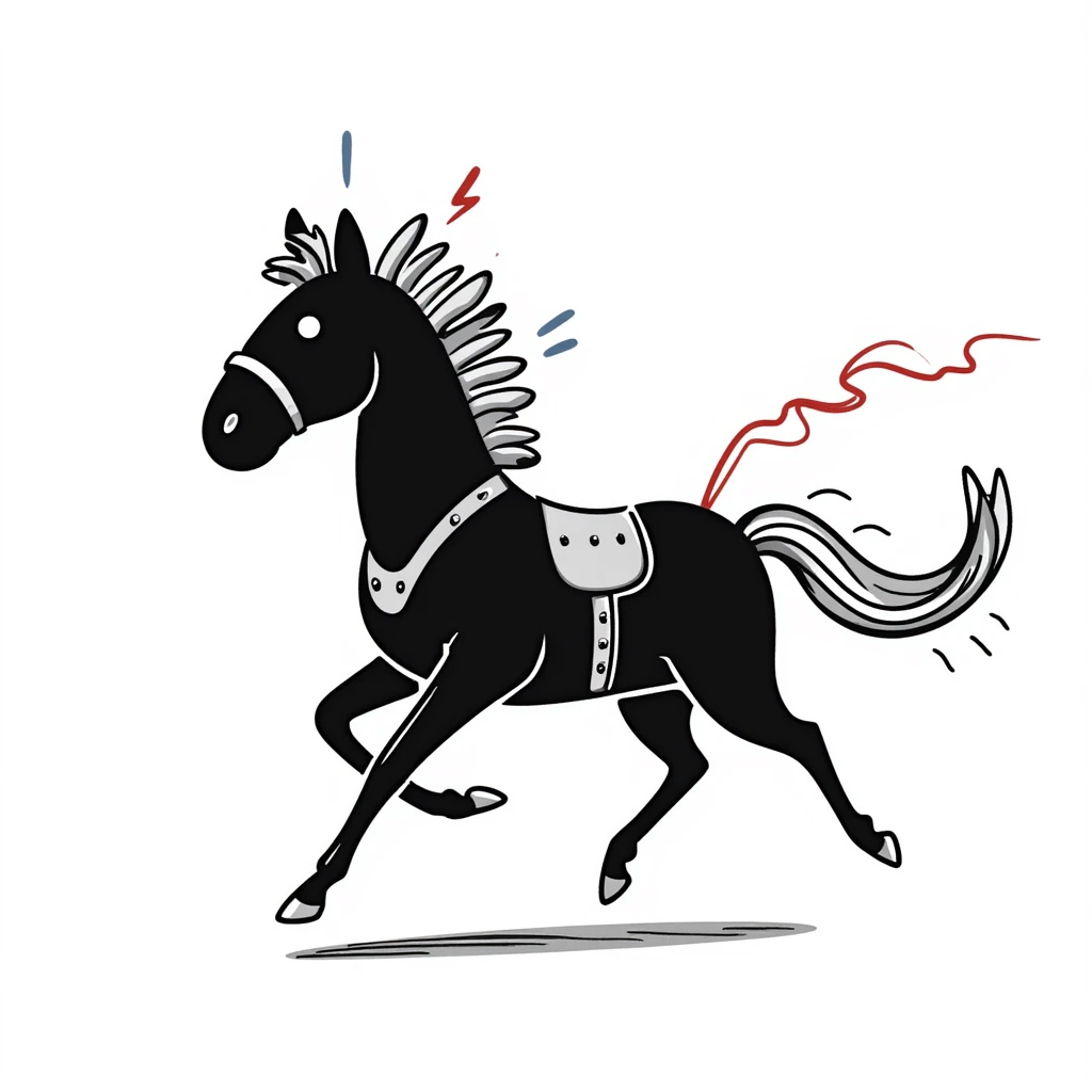 Fast running electric horse constructed from metal plates, bolts, blue and red wires, with electricity and lightning coursing through its body emoji