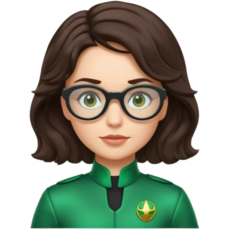 green Power Ranger suit, white Australian female with dark brown wavy hair in a side parting, glasses, thinking emoji pose emoji