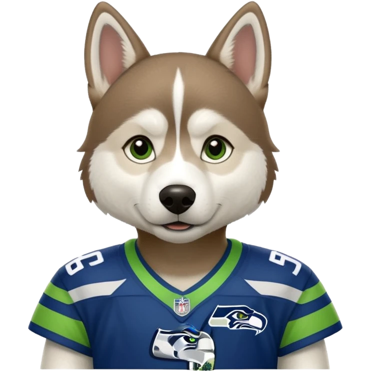 White brown husky with Seattle Seahawks gear emoji