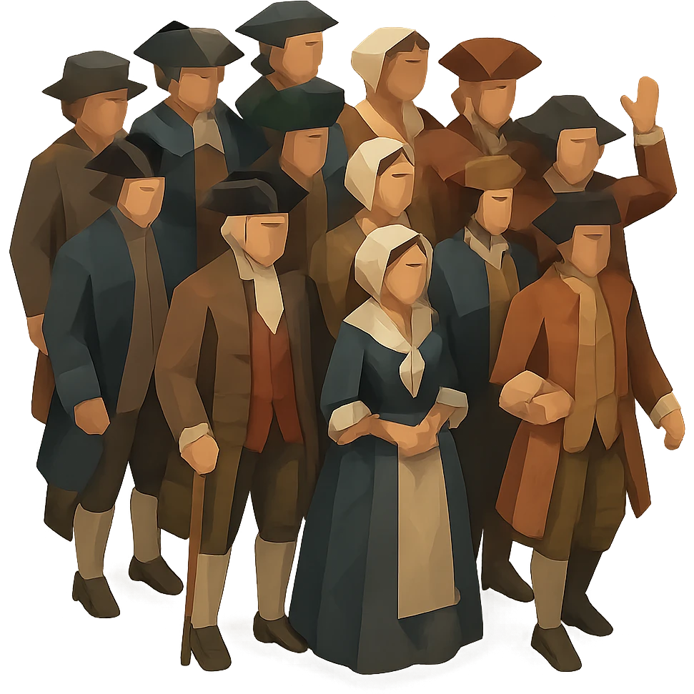 isometric full-body illustration of an 18th century crowd emoji