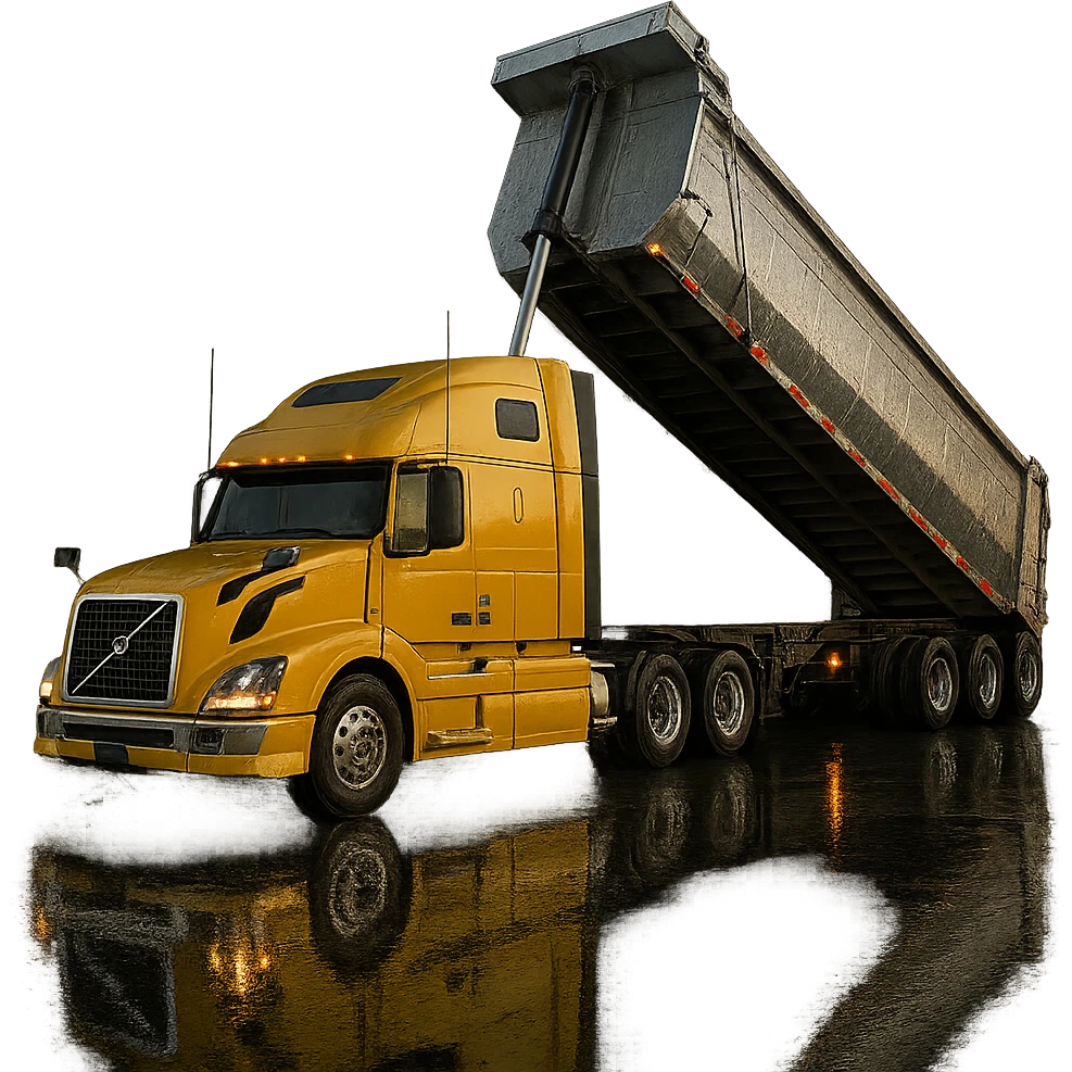 highly photorealistic Volvo yellow semi sleeper truck with a long silver end dump trailer in the raised dump position, night scene with realistic lighting and reflections, no background emoji