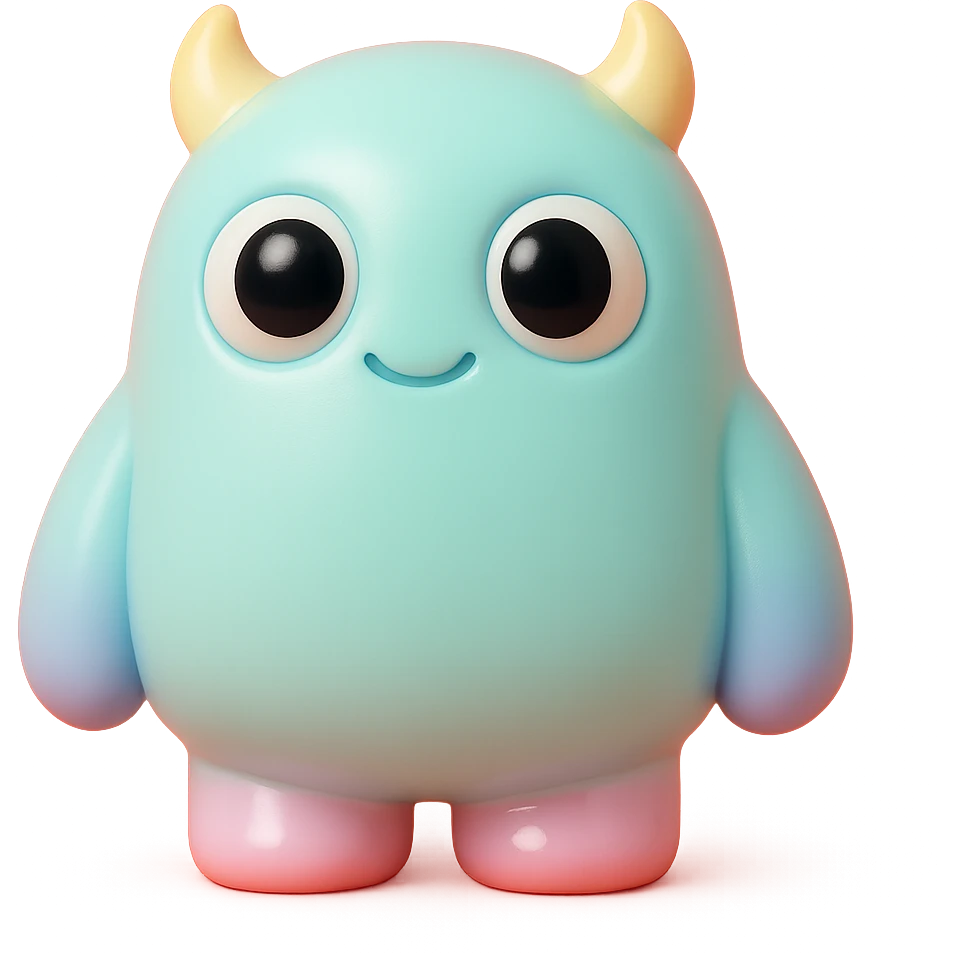 cute monster with round body, big eyes, small horns, pastel colors, toy-like emoji