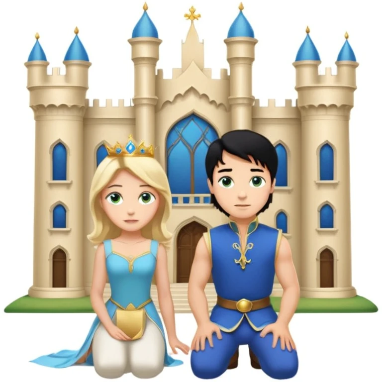Man as prince, upright, black Hair, blue eyes, woman, blonde, green eyes, shott white sleveless Dress, kneeling, background palace emoji