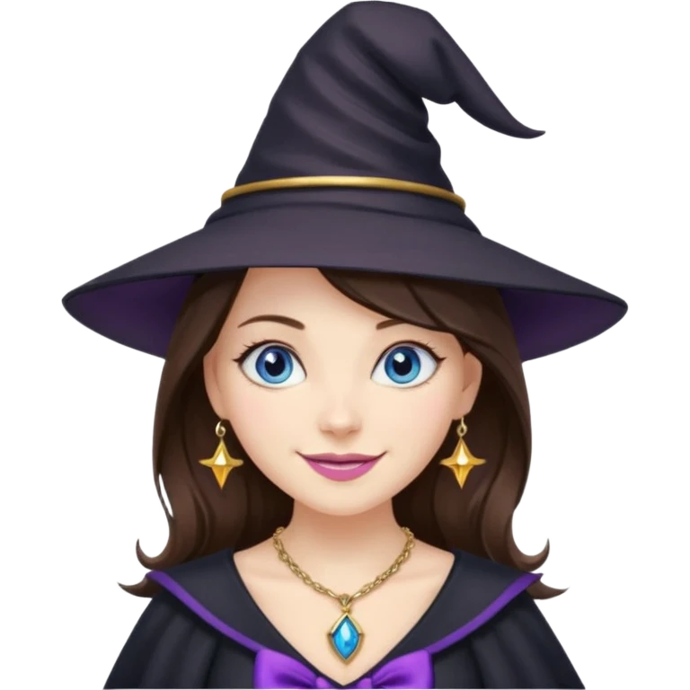 Witchy brunette haired blue eyed white girl with a witty smile a gold necklace and a black witch hat with a purple bow emoji