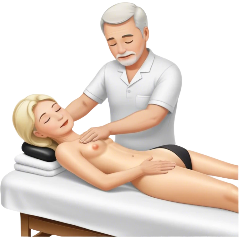 60-year-old white man massaging 60-year-old woman on massage table using oil emoji