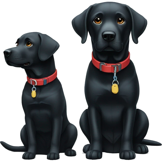 black-coloured labrador on the left with red collar, black-coloured labrador on the right with light blue collar. emoji
